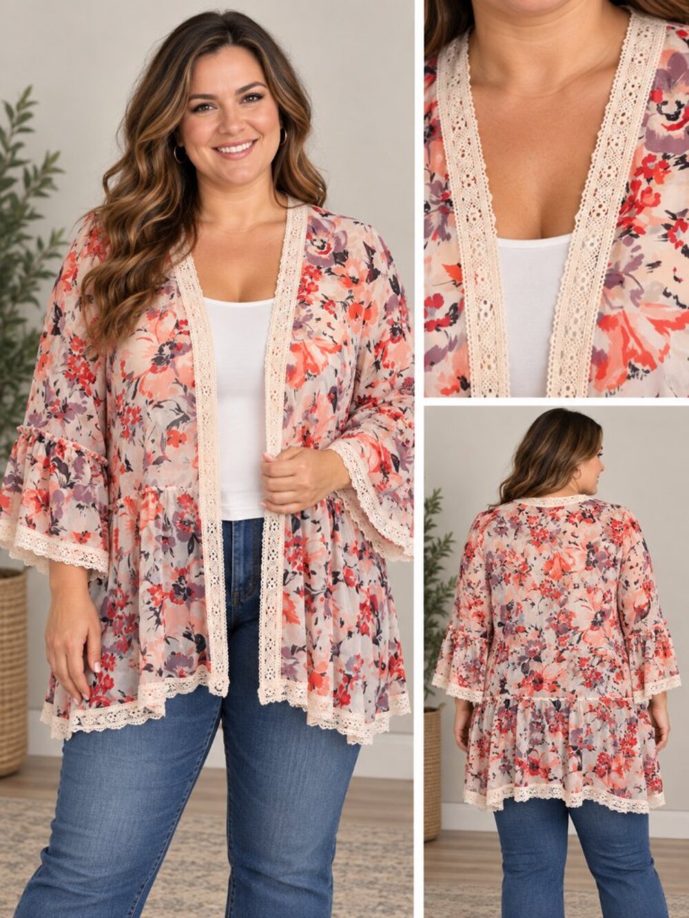 Cato Sheer Floral Crochet Lace-Trim Kimono - Coral, Pink, Blue & Purple - Size L